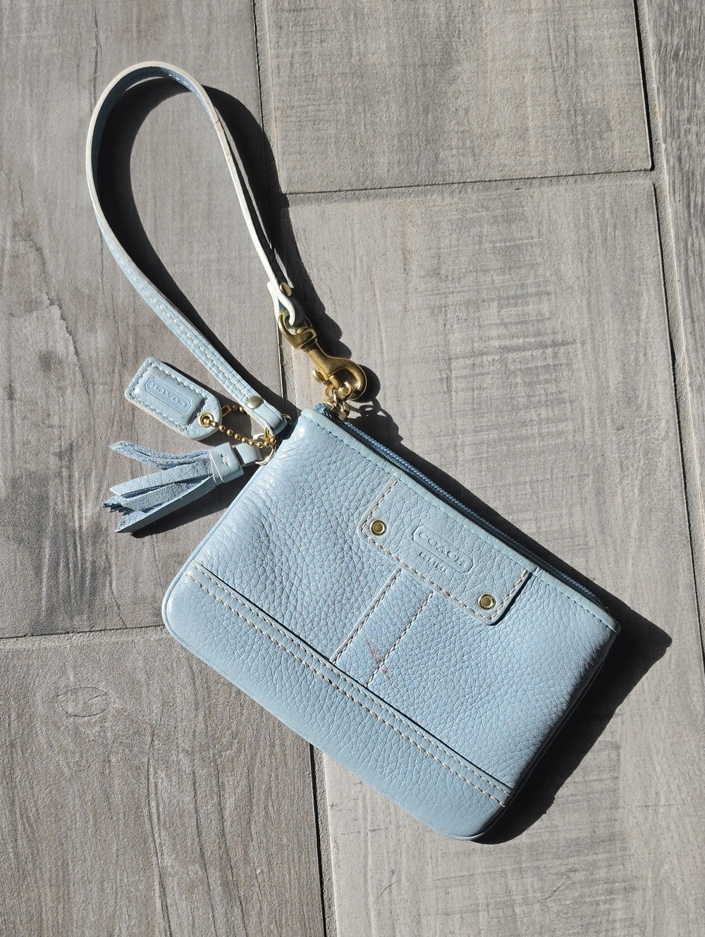 Coach Light Blue Pebbled Leather Wristlet Clutch